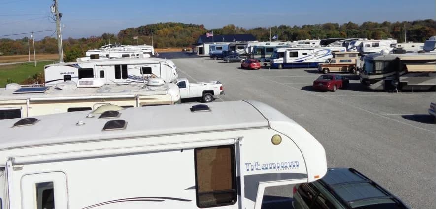 Wide view of Heartland RV Park's pull-thru sites in autumn
