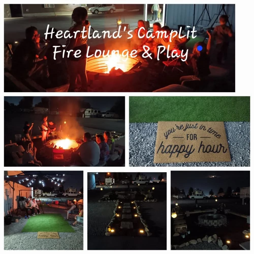 Camplit Fire Lounge collage — kids around the fire pit, 'happy hour' doormat, pathway lights, and cornhole at Heartland RV Park